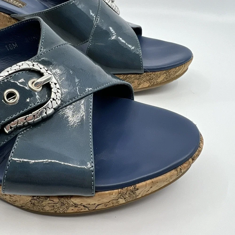 Brighton Summer 199 Italy Blue Patent Cork Wedge Sandals Women‎ 10